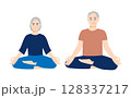 瞑想しているシニアの女性と男性のイラスト_フラットデザイン 128337217