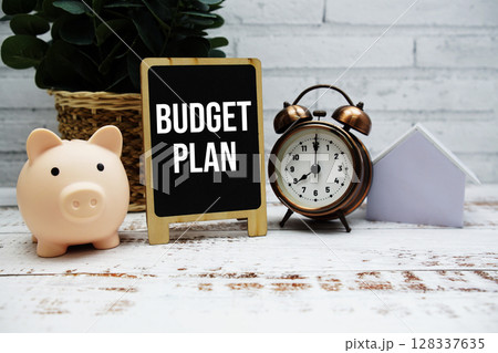 Budget Plan text message with piggy bank, alarm clock and house model on wooden background Budget Plan text message with piggy bank, alarm clock and house model on wooden background 128337635