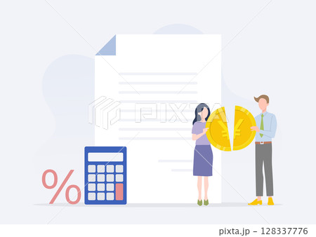 コイン・資金・利益・費用を半分ずつ分け合うビジネスマンとビジネスウーマン コイン・資金・利益・費用を半分ずつ分け合うビジネスマンとビジネスウーマン 128337776