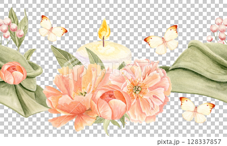 Burning candle, blooming peonies, green hat with soft folds, butterflies and berries watercolor seamless border. Perfect for wedding invites, tape, packaging, romantic decor and seasonal designs 128337857