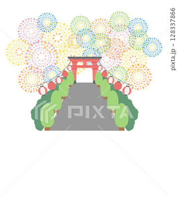 打ち上げ花火 提灯 神社 鳥居 夏祭り フレーム イラスト 打ち上げ花火 提灯 神社 鳥居 夏祭り フレーム イラスト 128337866