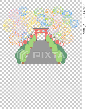 Fireworks, lanterns, shrine, torii gate, summer festival, frame, illustration 128337866
