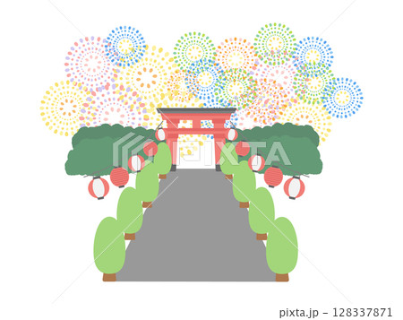 打ち上げ花火 提灯 神社 鳥居 夏祭り フレーム イラスト 打ち上げ花火 提灯 神社 鳥居 夏祭り フレーム イラスト 128337871