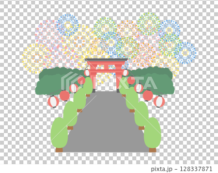 打ち上げ花火 提灯 神社 鳥居 夏祭り フレーム イラスト 打ち上げ花火 提灯 神社 鳥居 夏祭り フレーム イラスト 128337871