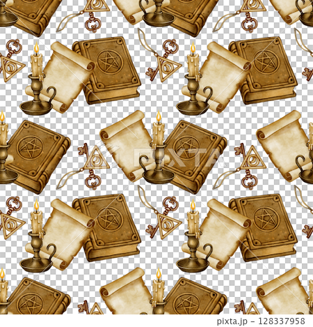 Seamless pattern with magic book, candle, scroll Seamless pattern with magic book, candle, scroll 128337958