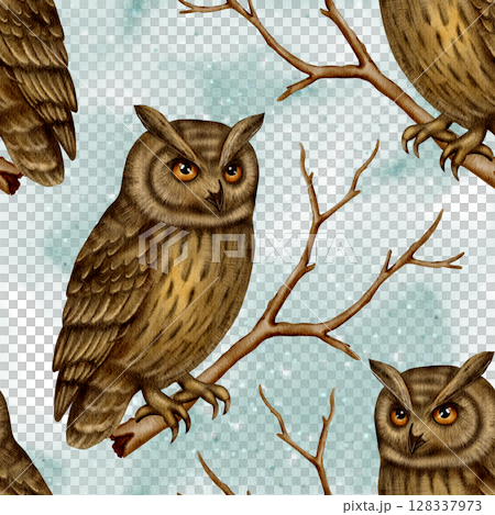 Seamless pattern with owl on tree branch Seamless pattern with owl on tree branch 128337973