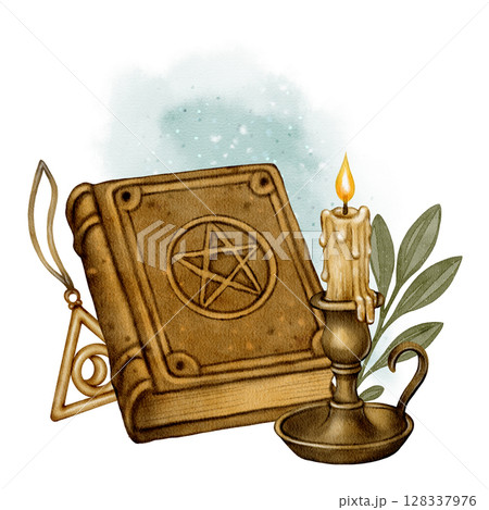Witch Grimoire with Candle and Symbol Charm 128337976