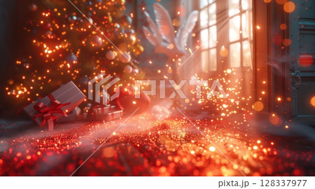 A beautiful and festive holiday scene filled with sparkling glitter and a stunning Christmas tree 128337977