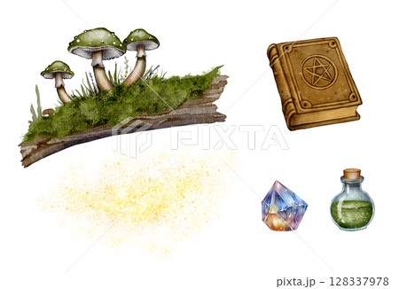 set of Magic book with mushrooms and potion 128337978