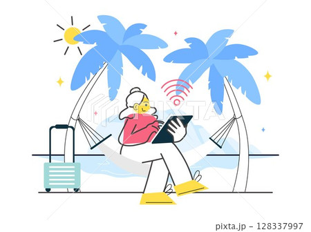 Digital Nomad Lifestyle Vector Illustration Featuring People Working Remotely While Traveling and Enjoying a Holiday in a Flat Style Background Digital Nomad Lifestyle Vector Illustration Featuring People Working Remotely While Traveling and Enjoying a Holiday in a Flat Style Background 128337997