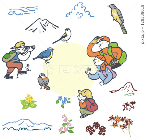 登山で自然を満喫する人々　セットのストックイラスト素材 128338018