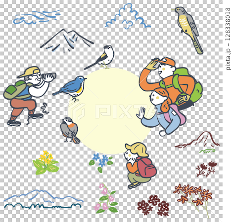 登山で自然を満喫する人々　セットのストックイラスト素材 128338018