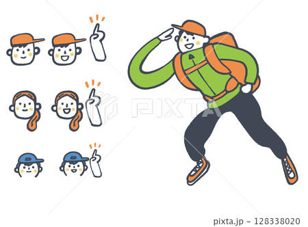 明るい表情の登山者たち　表情のセット　ストックイラスト素材 128338020