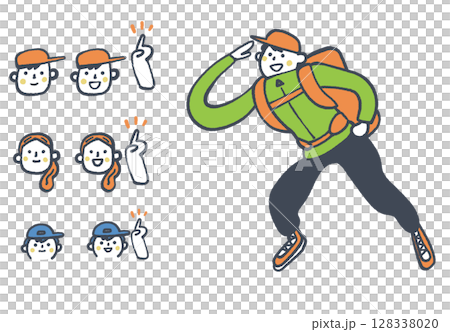 明るい表情の登山者たち　表情のセット　ストックイラスト素材 128338020