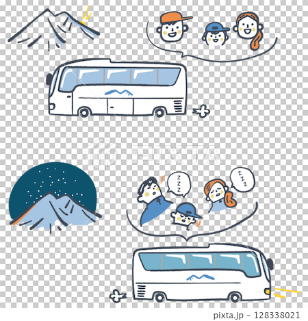 搭乘巴士登山：精力充沛的去程和疲憊的回程 - 庫存插圖集 128338021
