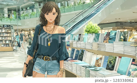 書店で本を選ぶ女性のイラスト素材 128338062