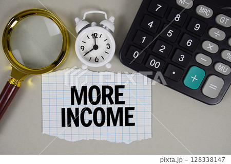 More Income text with alarm clock, magnifying glass anc calculator More Income text with alarm clock, magnifying glass anc calculator 128338147