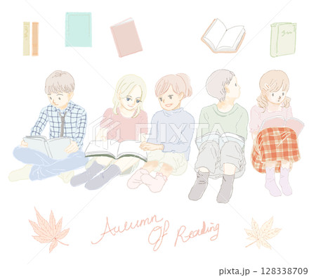 座って本を読む子供たちのカラーベクターイラスト 128338709