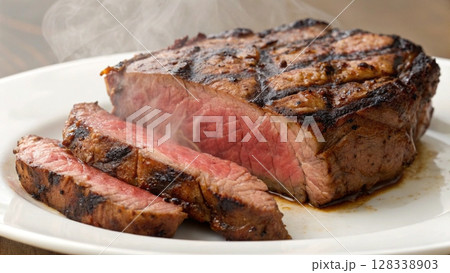 Beef steak served in plate . Grilled steak, medium rare.  128338903