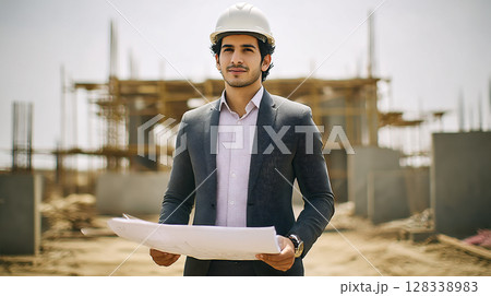 建設現場で設計図を確認する作業員 建設現場で設計図を確認する作業員 128338983