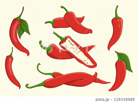 Chili pepper vector illustration, Chili illustration, Chili pepper logo set, Chili pepper vector, Chili icon, Hot chili illustration 128338989