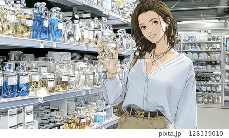 化粧品を買う女性のイラスト素材 128339010