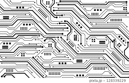 Abstract black circuit board technology connected lines electronics elements computer motherboard chip processor semiconductor digital on white background vector. 128339229