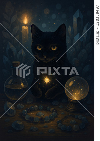 魔法の光を抱く黒猫と神秘的な道具のイラスト 128339497