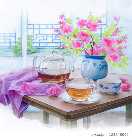 ベランダで飲むティーカップとハーブティー 中国 中国茶 茶器 ティータイム 水彩風 ベランダで飲むティーカップとハーブティー 中国 中国茶 茶器 ティータイム 水彩風 128340063