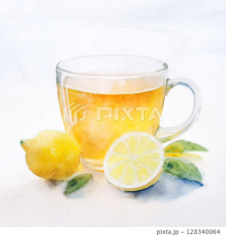 フレッシュなレモンティー 柚子茶 果物 レモネード ホットドリンク 紅茶 水彩風 背景白   128340064