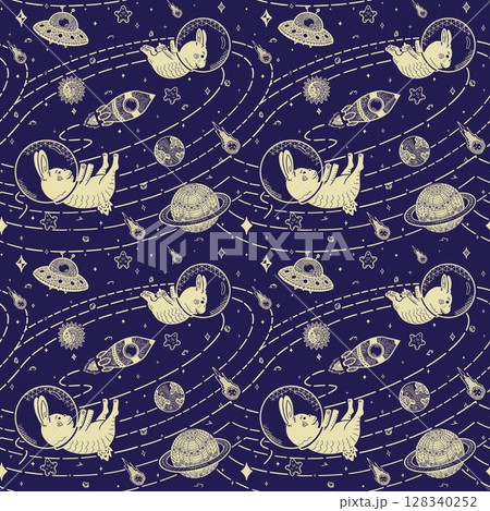 Cute Space Bunny Seamless Pattern, Cream Line Art on Navy Background Cute Space Bunny Seamless Pattern, Cream Line Art on Navy Background 128340252