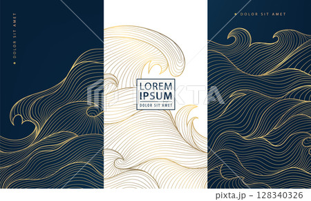 Vector set of gold wave background design, abstract luxury line art templates. Wine premium art deco package, chocolate, menu patterns, fancy vip graphic. Vector set of gold wave background design, abstract luxury line art templates. Wine premium art deco package, chocolate, menu patterns, fancy vip graphic. 128340326