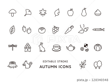 秋にまつわるアイコンセット(モノクロ) 秋にまつわるアイコンセット(モノクロ) 128340348