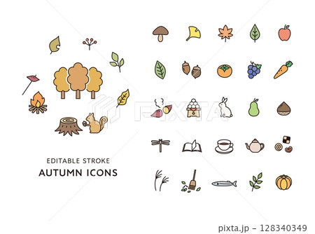 秋にまつわるアイコンセット(カラー) 秋にまつわるアイコンセット(カラー) 128340349