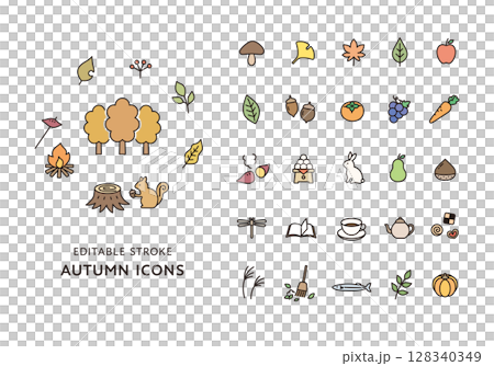 秋にまつわるアイコンセット(カラー) 秋にまつわるアイコンセット(カラー) 128340349