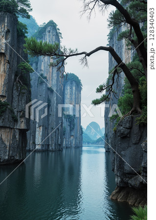 断崖絶壁と自然の石柱の間を流れる川の風景　AI生成画像 128340403