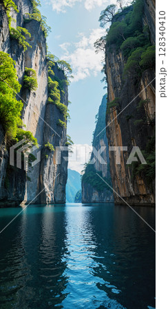 断崖絶壁と自然の石柱の間を流れる川の風景　AI生成画像 128340410