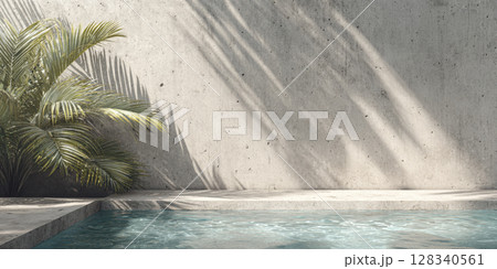 Minimalist Oasis: Serene Swimming Pool with Concrete Wall and Palm Shadows, Perfect for Modern Tropical Retreats and Relaxing Summer Escapes Minimalist Oasis: Serene Swimming Pool with Concrete Wall and Palm Shadows, Perfect for Modern Tropical Retreats and Relaxing Summer Escapes 128340561
