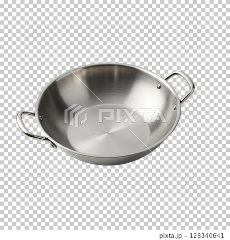 Durable stainless steel frying pan with two wide loop handles, suitable for cooking Durable stainless steel frying pan with two wide loop handles, suitable for cooking 128340641