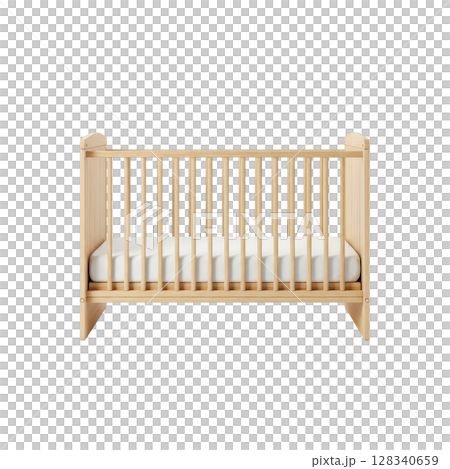 Modern natural wooden baby crib with vertical slats and a white mattress 128340659