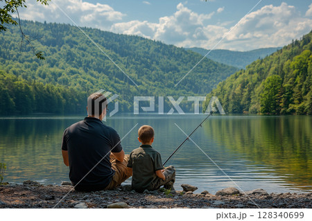 Man and boy fishing on the lake 128340699