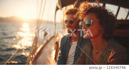 A radiant couple on a sailboat, enjoying the warm glow of sunset over the ocean, embodying themes of luxury travel, romance, and freedom on the open sea 128340746
