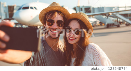 A cheerful young couple taking a selfie on an airport tarmac with an airplane in the background, embodying the excitement of travel, adventure, and new experiences 128340754