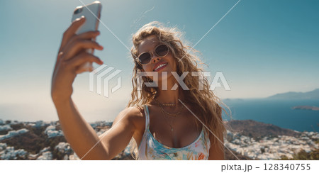 A radiant woman, smiling brightly, wearing sunglasses, takes a selfie overlooking Mediterranean coastline with charming white buildings, serene blue sea under sky, perfect for travel, summer themes 128340755