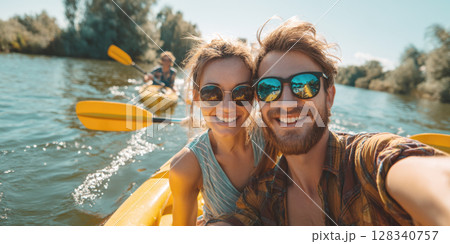 A cheerful duo, a woman and a man, are seen in a bright yellow kayak on sparkling water, holding paddles and smiling towards the camera. The scene captures the joy of outdoor activities, summer fun 128340757