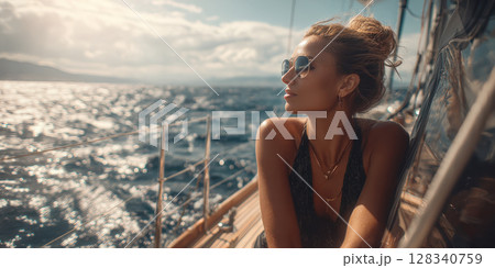 A woman in sunglasses with wind-swept hair sits peacefully on a sailing yacht, looking out at the sun setting over the ocean, embodying freedom and relaxation on a beautiful voyage 128340759