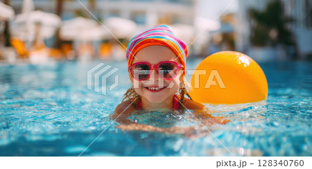 A cheerful child, wearing sunglasses and a patterned headband, smiles broadly while surrounded by yellow ball toy in a bright blue swimming pool, radiating pure summer happiness 128340760