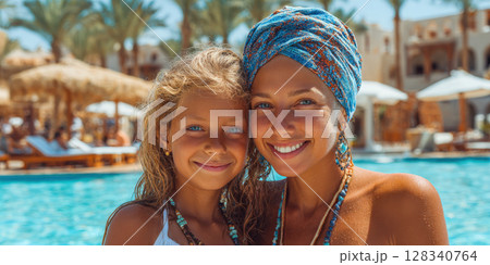 A happy mother and daughter take a close-up selfie by a beautiful swimming pool at a sun-drenched tropical resort, radiating joy and vacation vibes 128340764