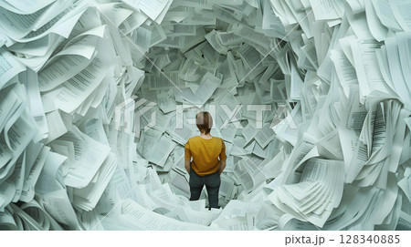 Person trapped in a maze of debt papers symbolizing 128340885