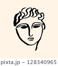Head of Apollo with curly hair and a Greek-style face in black ink on a light beige background, hand 128340965